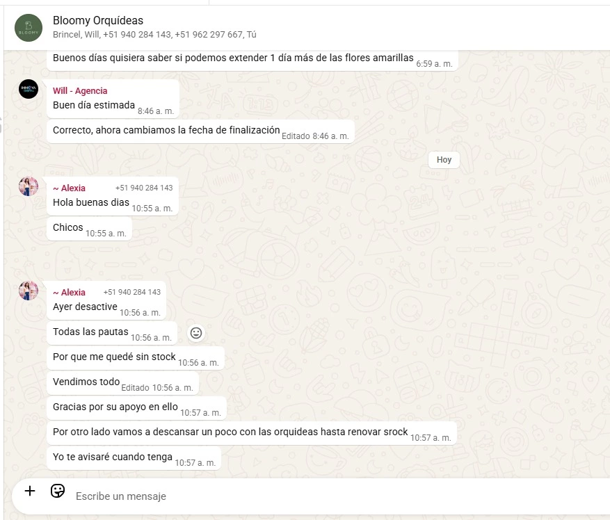 Conversación completa de Bloomy Orquídeas reportando ventas y stock agotado