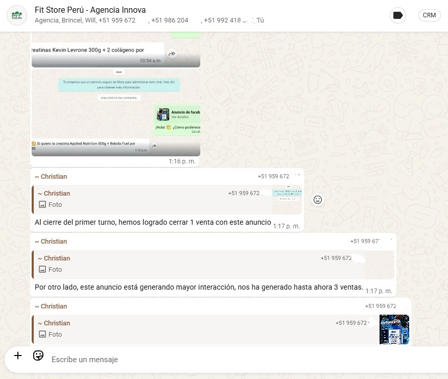 Conversación completa de Fit Store reportando ventas generadas por anuncios