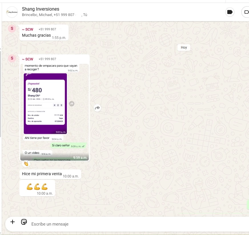 Conversación completa de Shang Inversiones reportando su primera venta